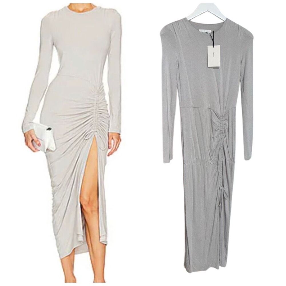 SOVERE NWT Entity Dress Dove Gray Side Ruched Drawstring Long Sleeve Minimalist